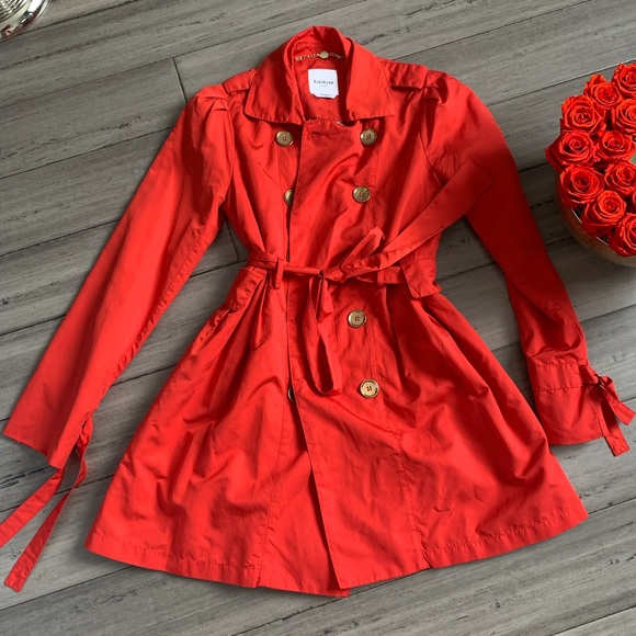 bebe Jackets & Blazers - bebe Red Classic Trench Coat with Belted Waist
